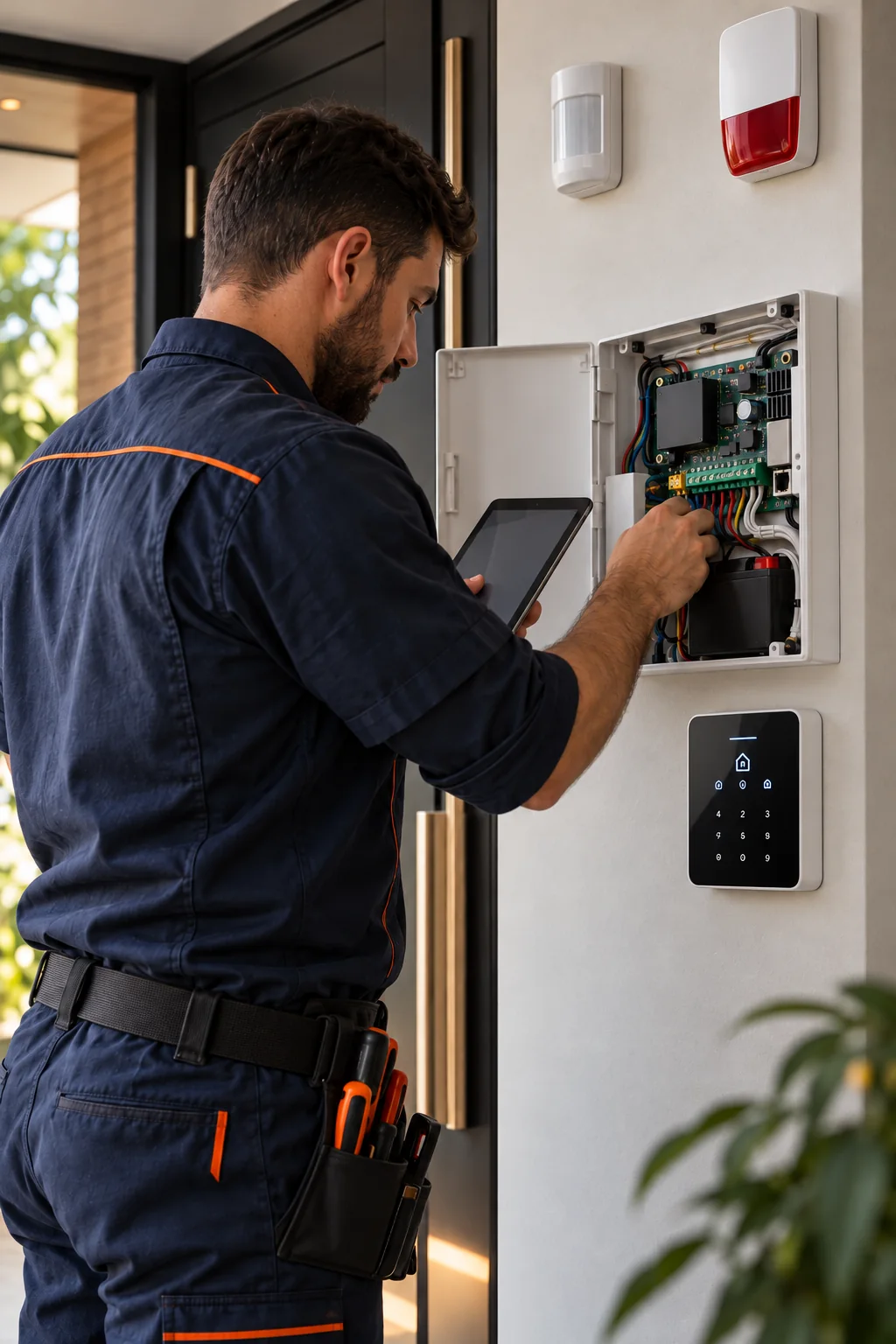 Técnico instalando e configurando central de alarme com sensores e sirene