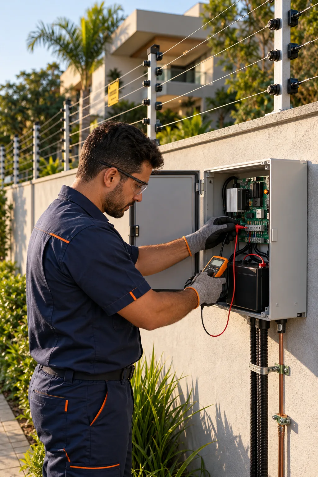 Técnico medindo central eletrificadora durante manutenção de cerca elétrica