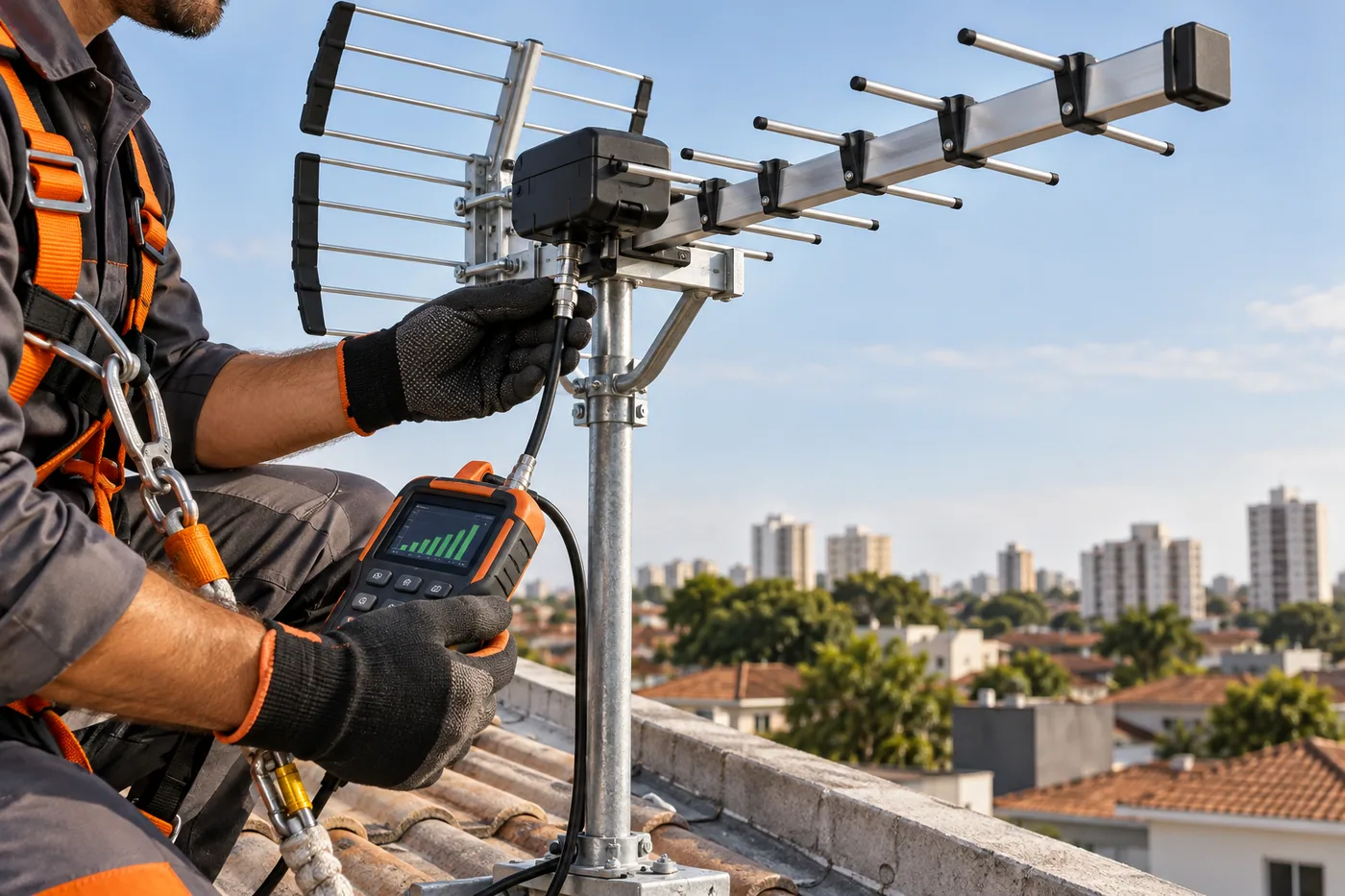 Técnico medindo o sinal durante manutenção de antena coletiva em prédio